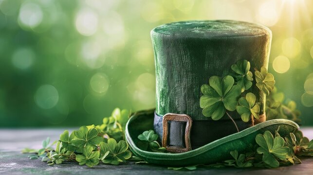 Green Leprechaun Hat Surrounded by Shamrocks in Stunning Light and Bokeh Background