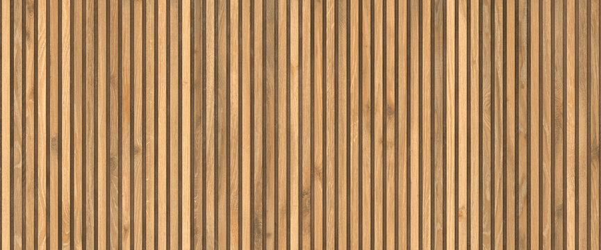 Natural wood slat wall texture, vertical timber battens background, decorative wooden paneling for interior design and architectural visualization