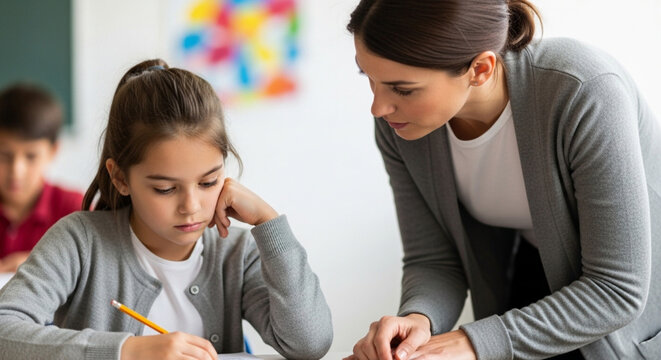 Female teacher helping a young girl with her schoolwork