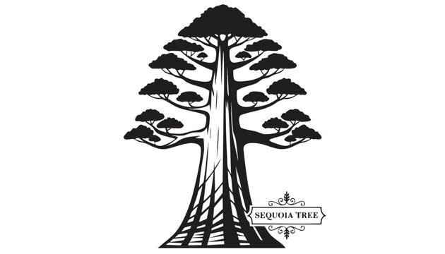 Very beautiful black-and-white engraved vector illustration featuring SEQUOIA TREE with a monumental trunk, towering form, and a decorative botanical label reading "SEQUOIA TREE", isolated on white ba