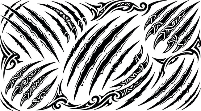 Aggressive Animal Monster Claw Scratch Marks Vector Set with Tribal Polynesian Pattern Details for Edgy Tattoo Graphic Designs