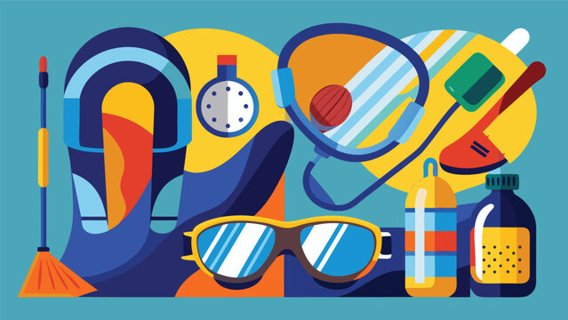 A vibrant assortment of diving gear, including masks, fins, and snorkels, displayed on a sandy beach background