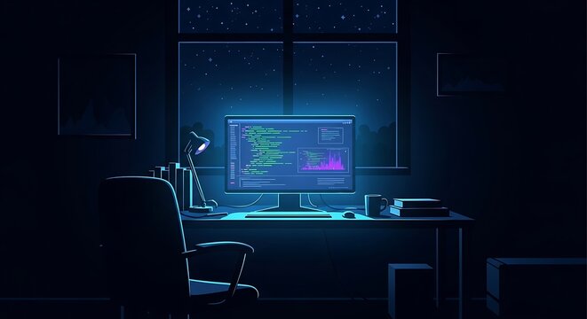 Modern office workspace with computer monitor and keyboard.