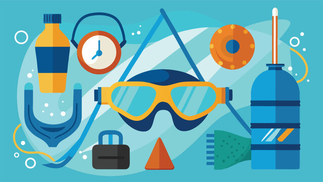 A vibrant assortment of diving gear, including masks, fins, and snorkels, displayed on a sandy beach background