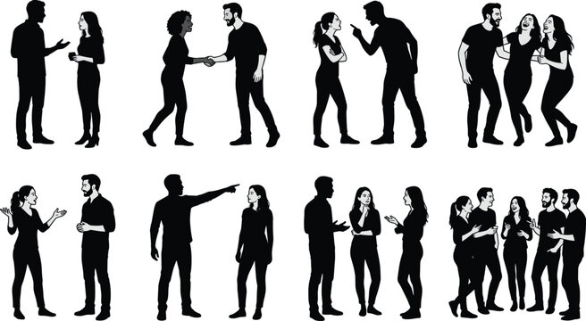Diverse collection of people silhouettes in various social interactions including talking arguing shaking hands laughing and group chatting