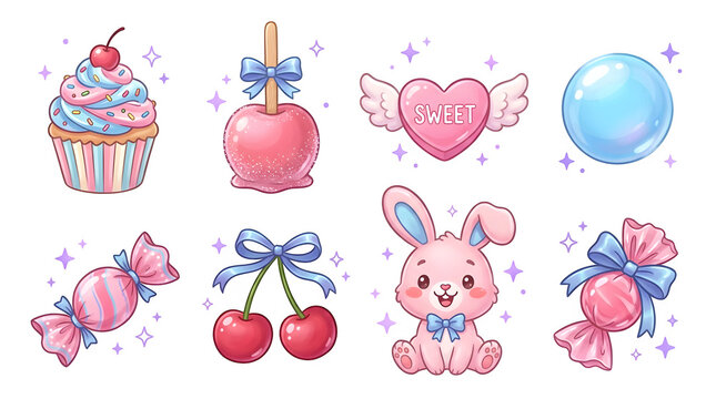 Cute candy and sweet treats with bunny on transparent background