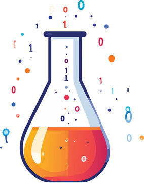 Test tube flask icon with binary code numbers floating out representing digital chemistry data science laboratory automation and biotechnology software development