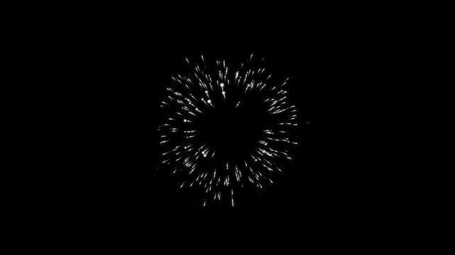 Abstract glitter particle explosion with glowing white sparks bursting outward on black screen background, futuristic big bang shockwave animation with fiery light streaks and 4k motion effects