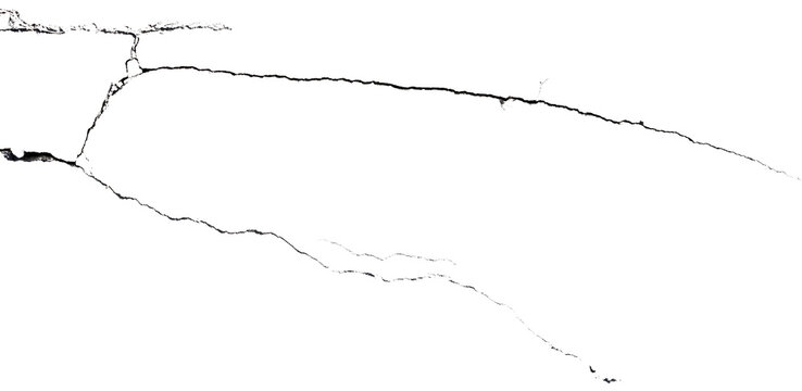 Macro horizontal closeup of black cracked lines isolated on clean transparent background png copy space template