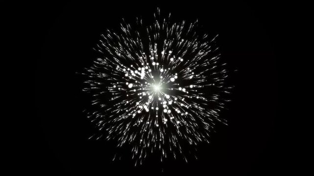 Beautiful white particle explosion animation with sparkling glowing lights and rising fiery embers, abstract motion graphics on black background featuring luminous dust burst and radial energy streaks