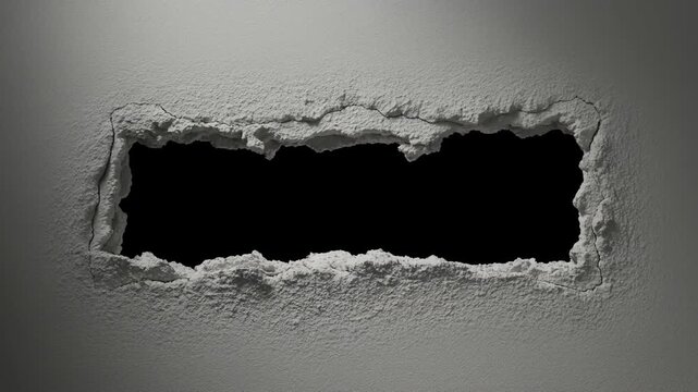 Panning shot of rectangular hole torn in drywall revealing dark void and rough plaster edges in interior room during renovation close up textured wall detail