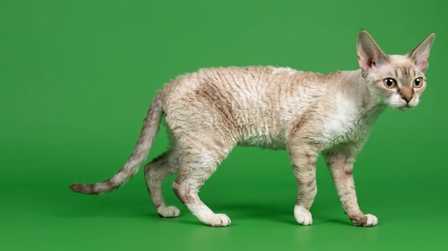 Graceful Devon Rex Cat with Unique Wavy Fur and Tabby Markings Walking Slowly on Green Screen, Ideal for Pet Care, Breed Showcases, and Animal-Themed Content