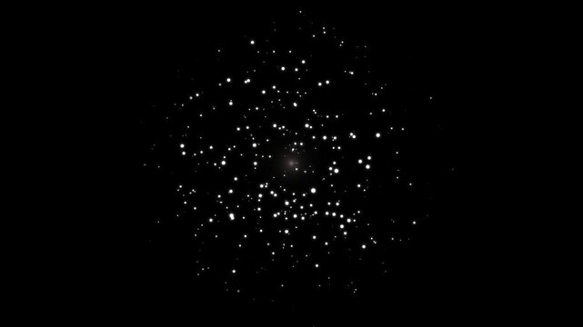 2D white glitter particle explosion bursting across black background with glowing sparks and radiant light streaks, futuristic big bang shockwave animation and fiery embers in cinematic 4k motion