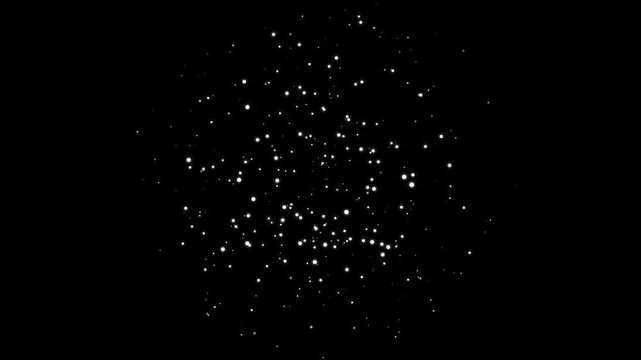 4K abstract motion graphic of colorful particle explosion with glowing white dust and fiery spark bursts, futuristic big bang animation on black background with radiant energy streak effects