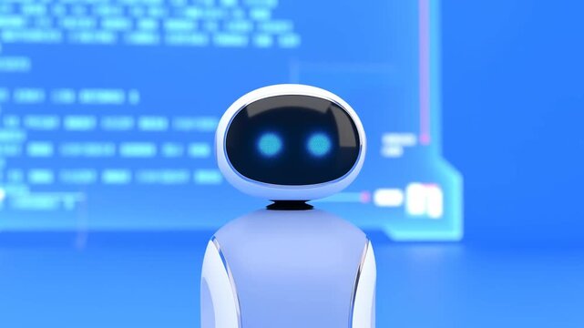 Slow dolly in on humanoid robot standing and observing in front of digital code screen in futuristic blue tech studio
