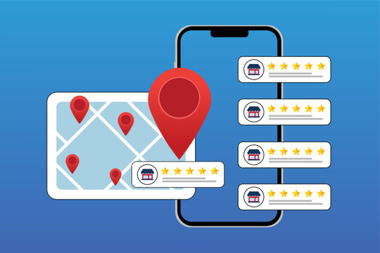 Local SEO Optimization Concept. Customer Reviews, Star Ratings and Map Pin Listings to Improve Regional Search Visibility and Business Discovery, Flat Vector Illustration.