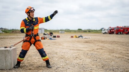 Obraz premium Emergency Responder in Safety Gear Directing Team during Training Drill at Outdoor Location