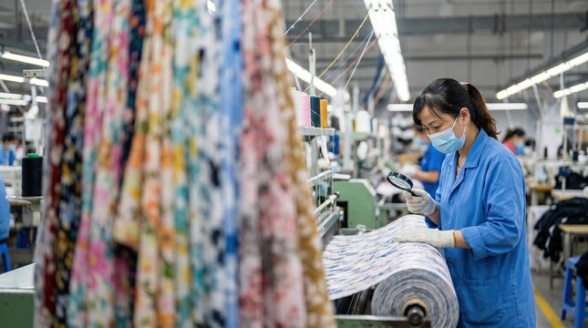Woman Inspecting Fabric Roll in Textile Factory During Quality Control Process with Mask