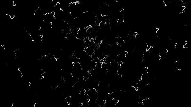 Abstract Camera moving through question marks on the alpha channel. Question marks flying animated concept. Question mark concept animation with spawning effect. 