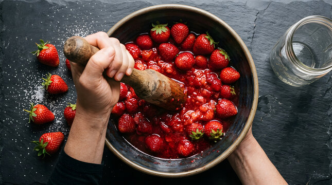 Overhead action shot of a hand crushing fresh ripe strawberries with a wooden muddler in a dark ceramic bowl on a slate surface with scattered sugar, fresh strawberries, and an empty mason jar.