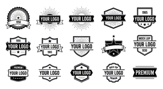 Various label and badge illustrations with logo spaces displayed on white