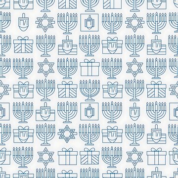 Blue Hanukkah Symbols Repeating in Seamless Pattern on White Background