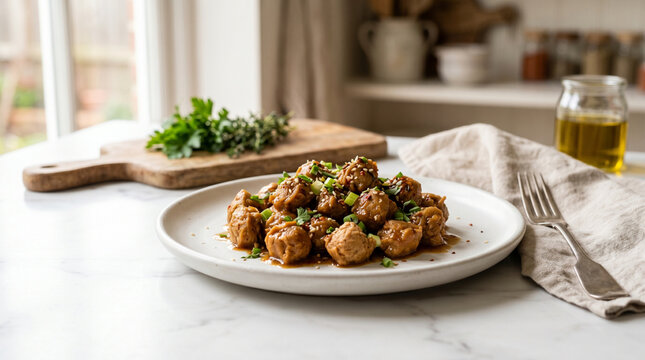 Soya Bean Chunks on White Plate in Bright Home Kitchen