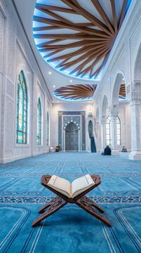 Majestic mosque hallway serene interior quran display peaceful atmosphere captured perspective