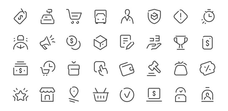 E-commerce and retail line icons set with shopping, payment and delivery symbols