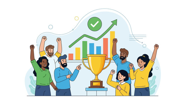 Boss on a successful day appreciating employee teamwork and achievement with a trophy