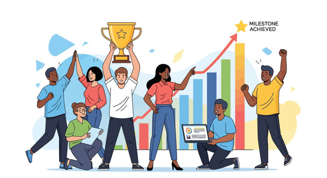 Team celebrates achievement with boss on a happy day of success and growth