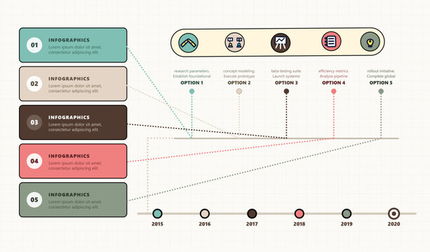 Infographic flow chart with interconnected nodes and colorful lines in clean minimalist style for business data analysis