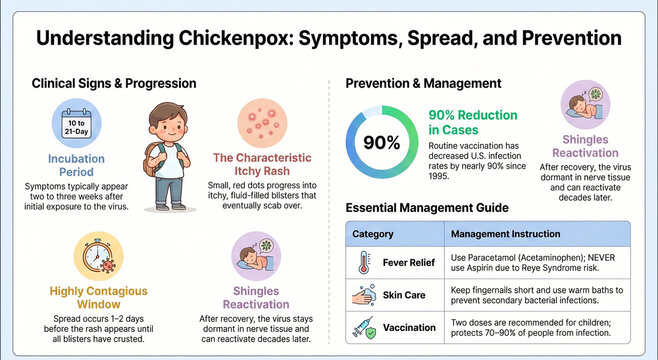 Original infographic on chickenpox covering symptoms, transmission, diagnosis, treatment, prevention, and patient care.