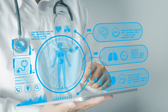 Male doctor using digital tablet with futuristic virtual medical HUD hologram interface overlay. AI artificial intelligence, telemedicine, and smart healthcare diagnostics data concept.