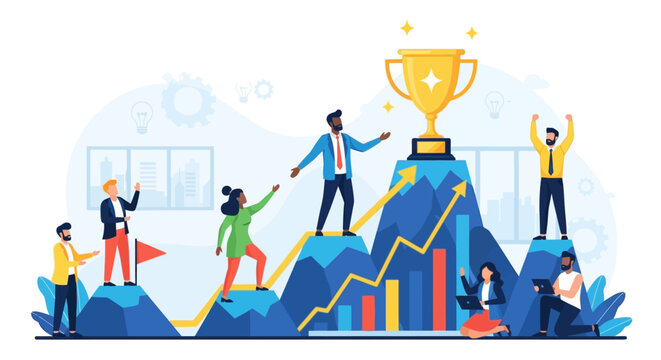 Team celebrates reaching goals with boss on a successful day at office