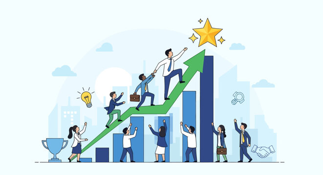 Colleagues celebrate reaching goals with boss on a special day in office