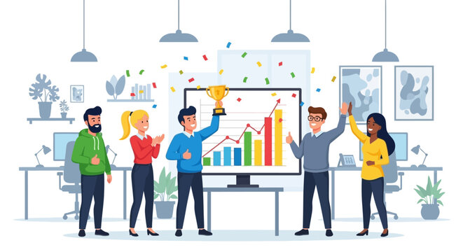 Team celebrates success with boss on a productive day in modern office environment