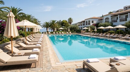 Fototapeta premium Luxury Resort Swimming Pool with Sunbeds, Summer Vacation Travel made by AI generative