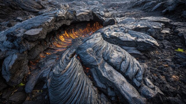 Intense molten lava flow with glowing orange heat visible beneath solid cooled rock surface, showcasing geological power and formation