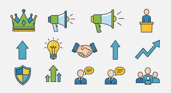 Leadership icons illustrate boss speaking on a typical day at work with team