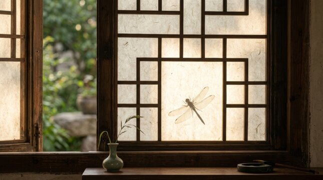 Dragonfly on Traditional Chinese Window During Lesser Heat Solar Term