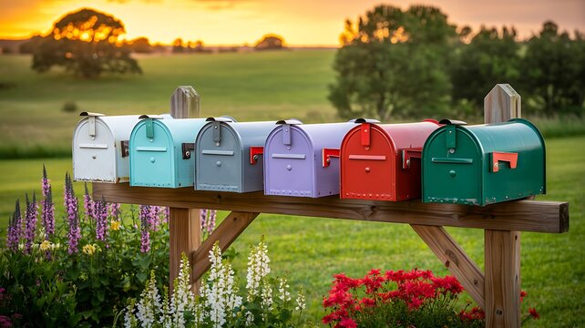 Colorful rural mailboxes lined along country roadside garden