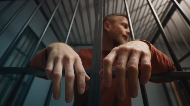 Bored male offender standing behind jail cell bars, awaiting his release