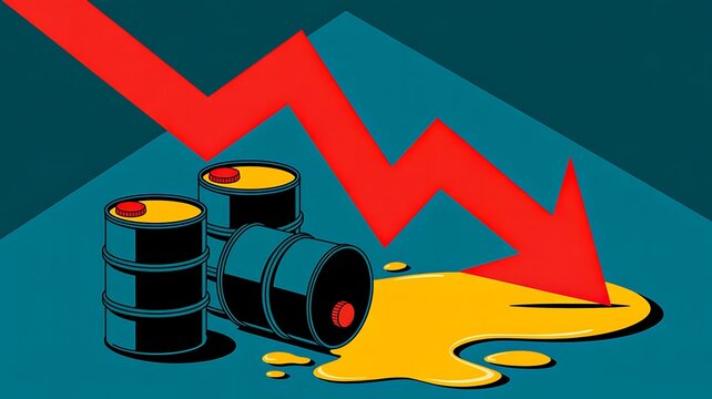 Oil price decline concept with falling arrow and leaking barrels