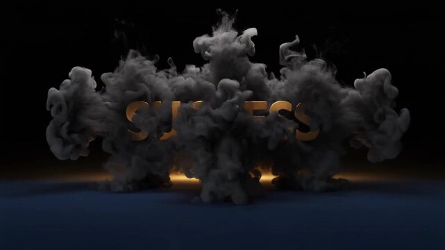 Cinematic golden 3D success word with rising black smoke and dramatic