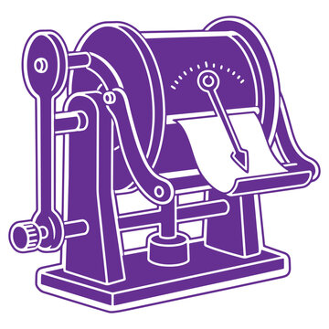 Vintage purple mechanical ticker tape machine with a spinning drum crank and indicator needle printing out important financial news or stock market updates on a roll of paper