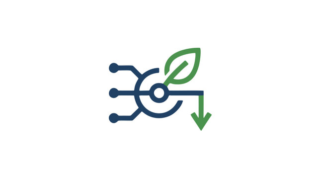 Abstract icon combining technological circuitry with a green leaf and a downward arrow - ideal for representing sustainable technology, eco-friendly data solutions, and environmental impact reduction