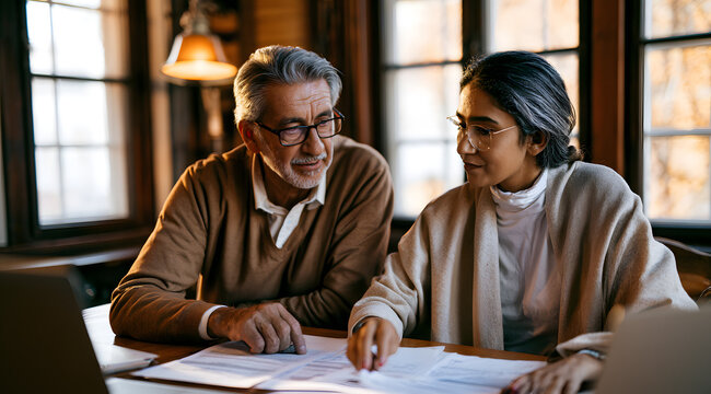 The grandparent and grandchild perused documents and the laptop together. Family finances were examined jointly at the dining table. Learning about money management took place indoors, with planning f