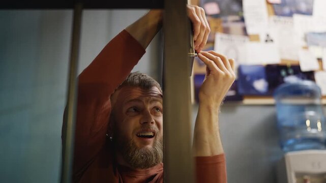 Tricky male detainee attempting to escape from a jail cell while awaiting trial