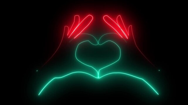 Two hands in the form of a heart neon line animation. Love sign hand drawing animation 4k video